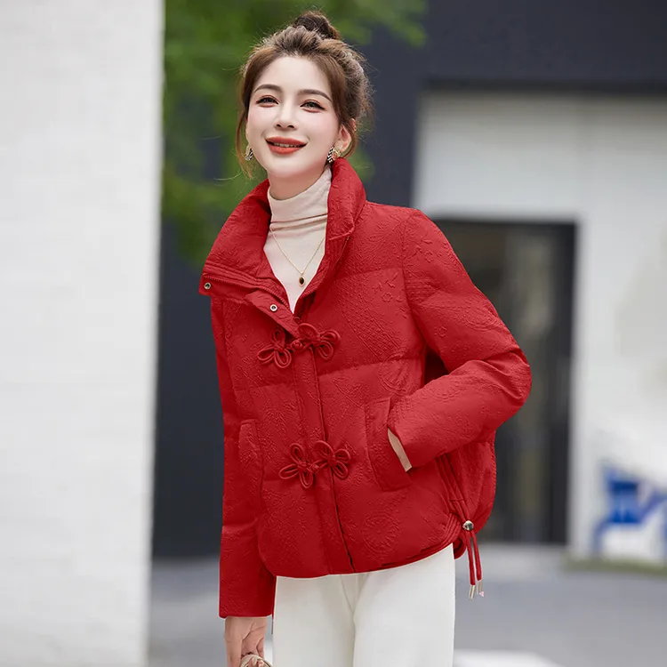 2025冬季新款小个子时尚气质小款棉袄外套红色盘扣羽绒棉服女短款