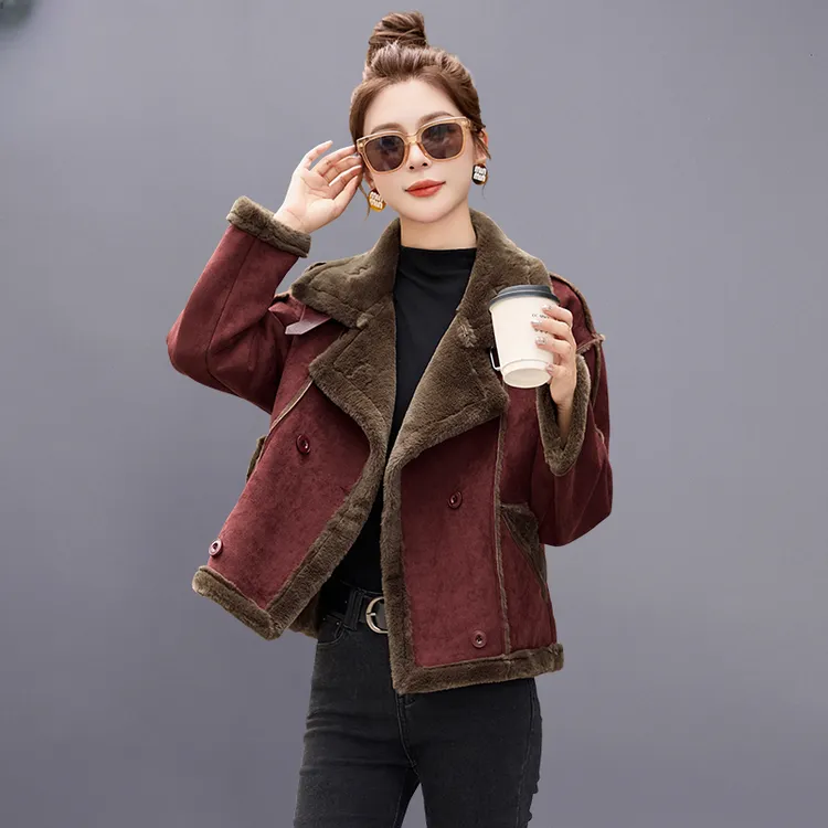 皮毛一体羊羔毛外套女冬2025新款鹿皮绒短款加绒加厚机车服夹克