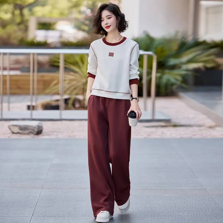 撞色美式卫衣卫裤两件套女秋季小个子高腰阔腿裤时尚休闲运动套装