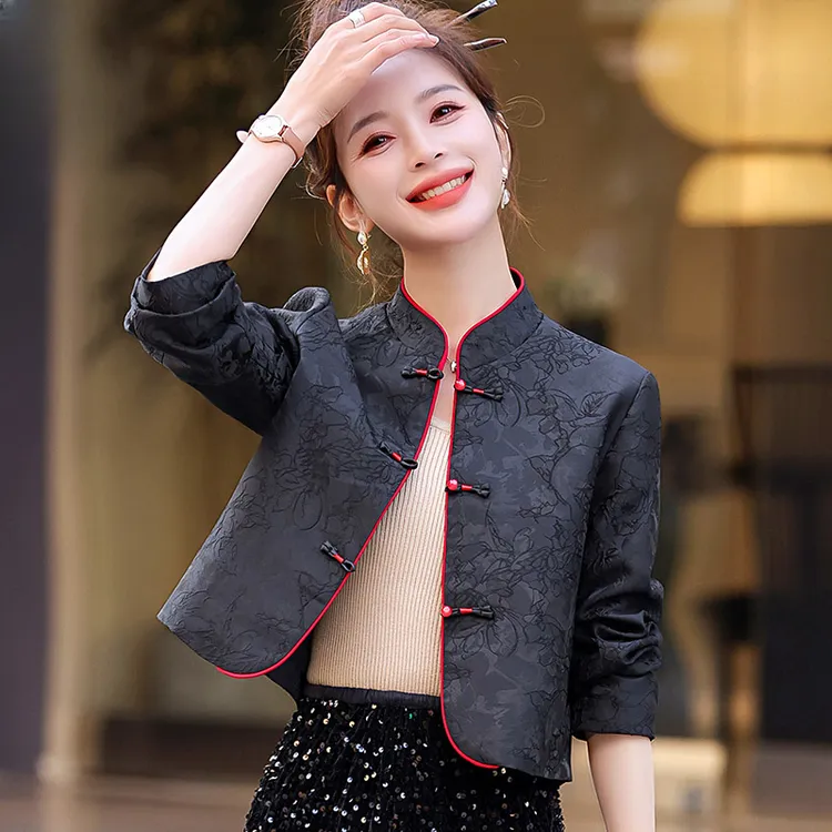 新中式唐装提花短外套女2025年春秋新款高级感气质小个子国风上衣