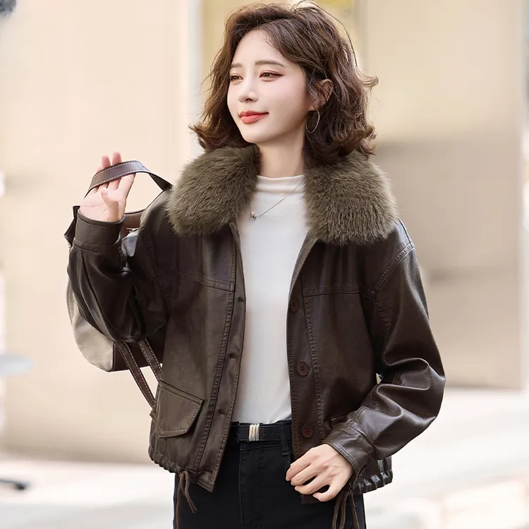 欧货加绒加厚皮衣外套女2025冬季新款小个子短款休闲机车服皮夹克