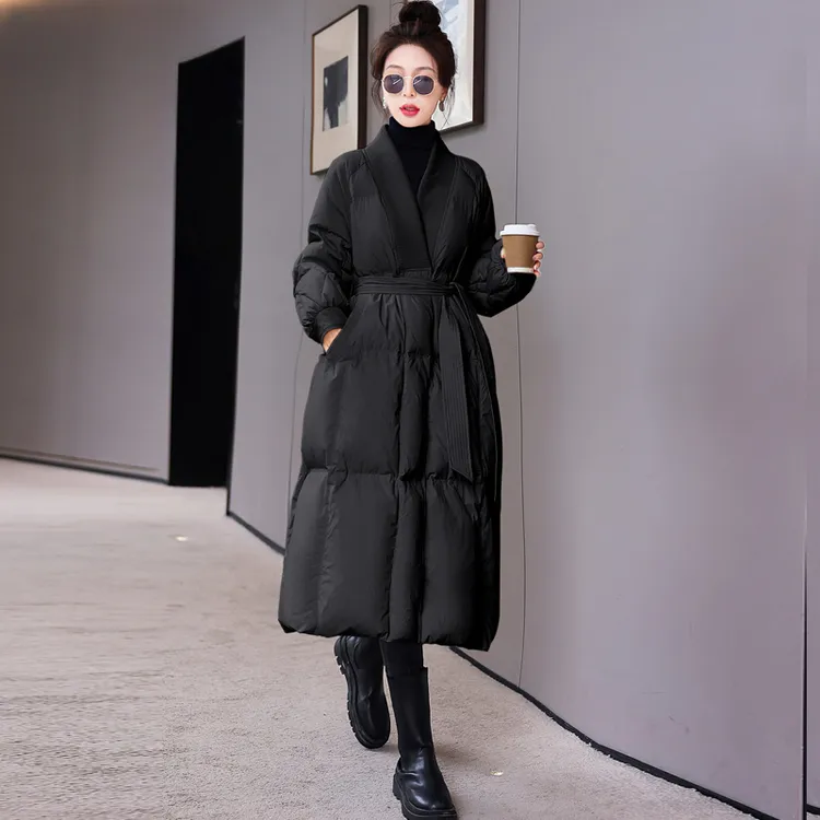 高端流行黑色过膝加厚保暖羽绒服女冬季新款收腰90白鸭绒长款外套