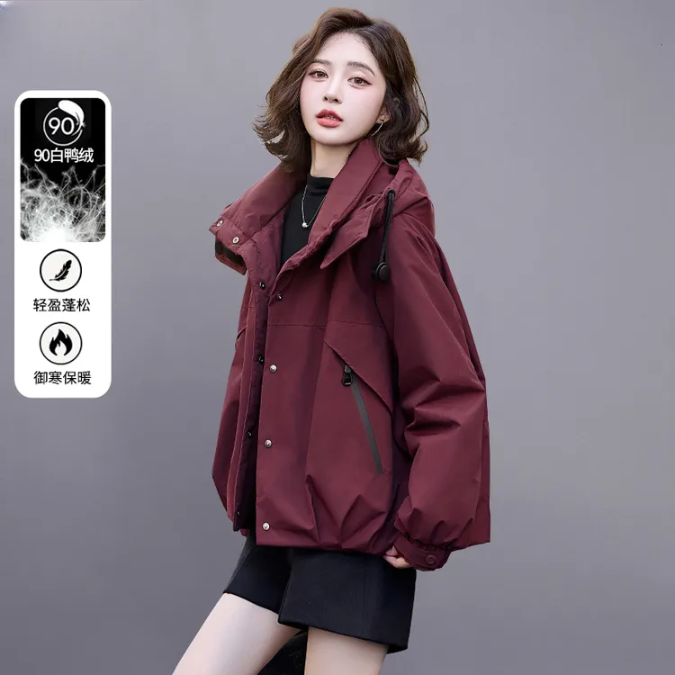 安可拉红羽绒服女短款2025冬新款高端洋气韩版宽松休闲白鸭绒外套