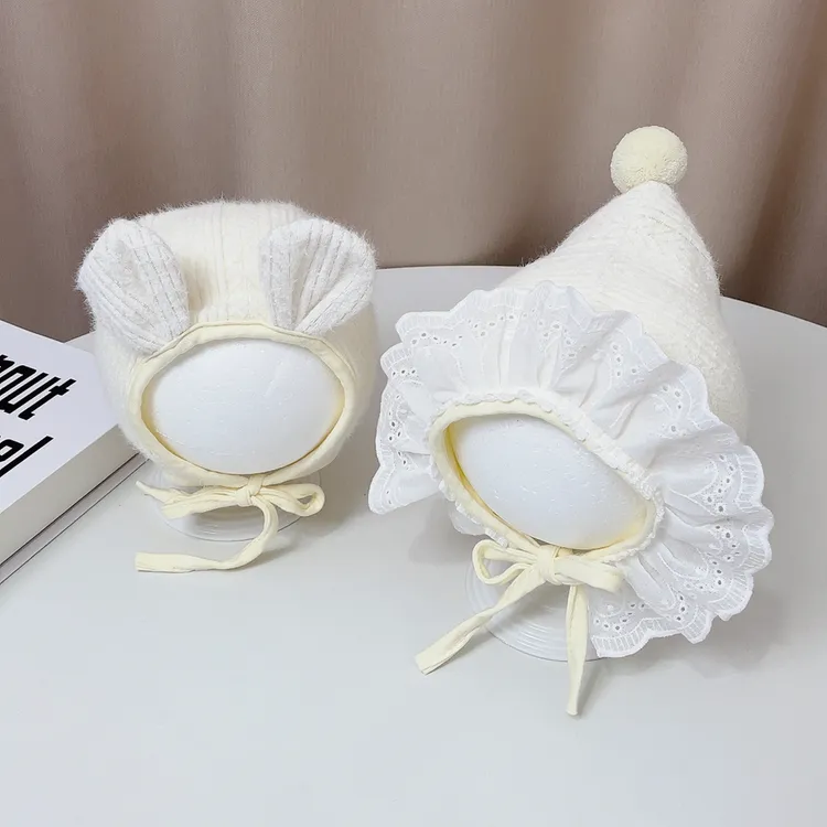 女宝宝帽子韩版护耳帽婴儿帽子春秋韩系奶油白蕾丝绑带帽护耳帽男