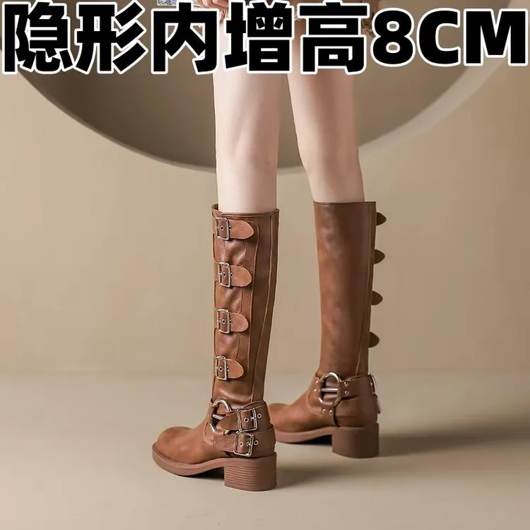 隐形内增高8CM小个子西部牛仔靴女皮带扣粗跟长筒棕色新款骑士靴
