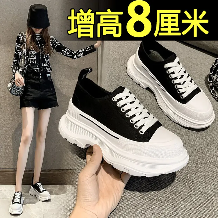 2024新款帆布鞋女厚底爆款一脚蹬饼干鞋黑色平底女士帆布鞋女款