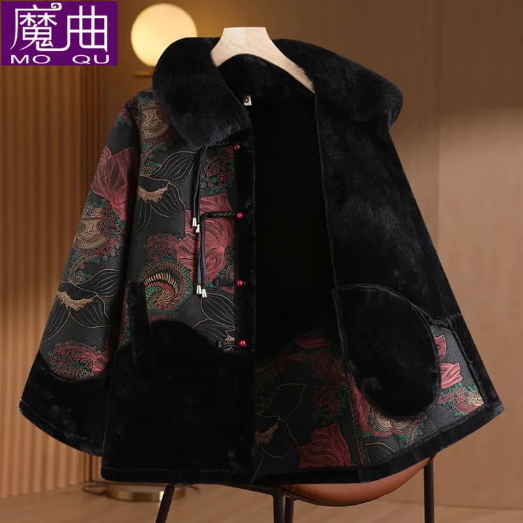 中老年人秋冬季加绒保暖外套女2024新款奶奶冬装大毛领上衣妈妈装