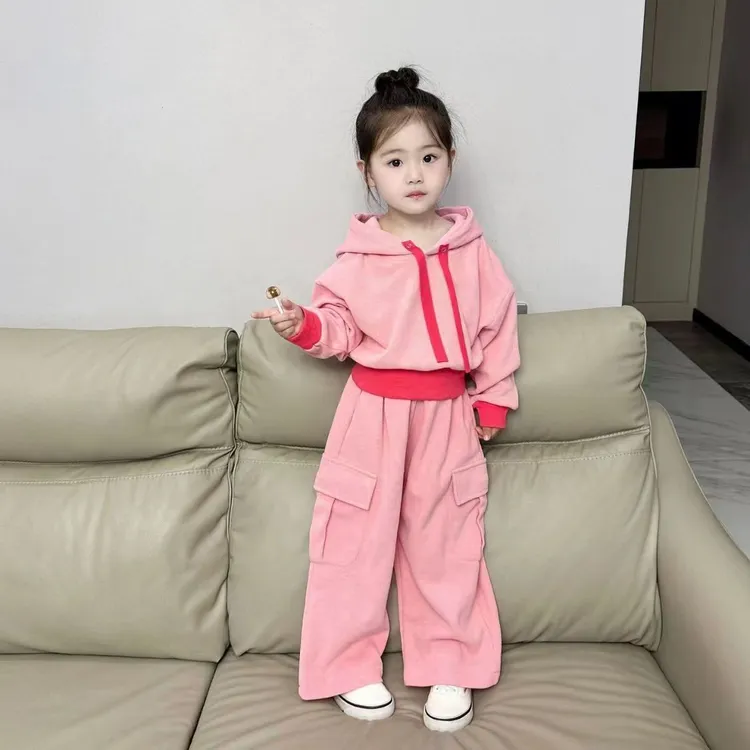 女童套装2025秋季新款中小童粉色连帽卫衣工装裤两件套女宝秋装潮