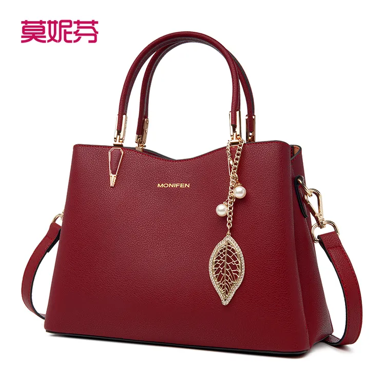 莫妮芬生日礼物送妈妈喜婆婆包包女高档手提包红色真皮女包时尚