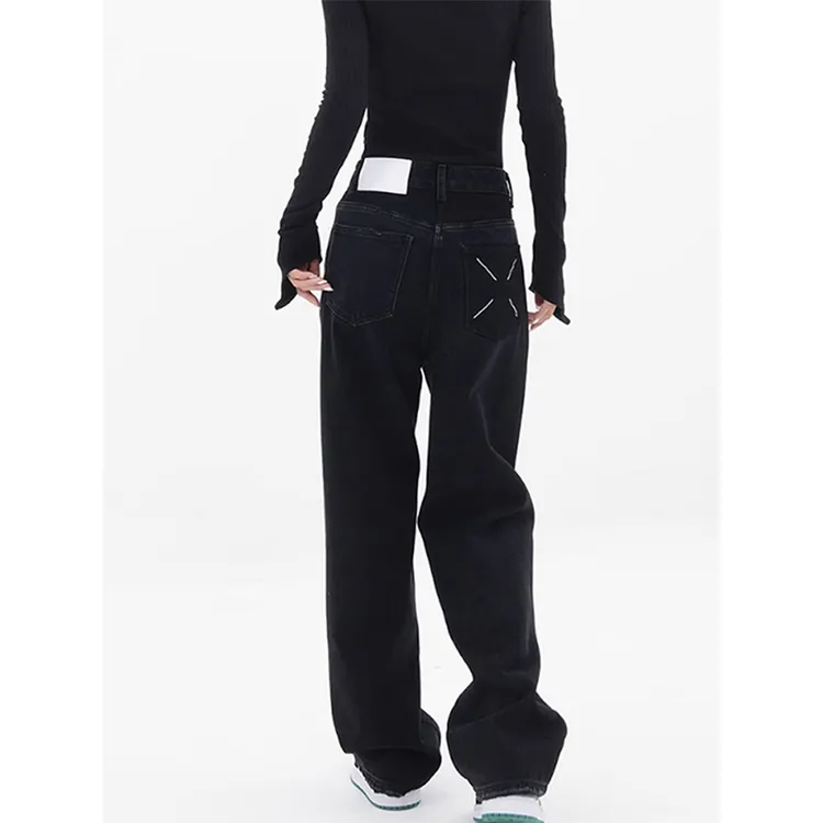 黑色美式牛仔裤女秋冬款胖妹妹mm显瘦直筒阔腿裤大码高腰加绒裤子