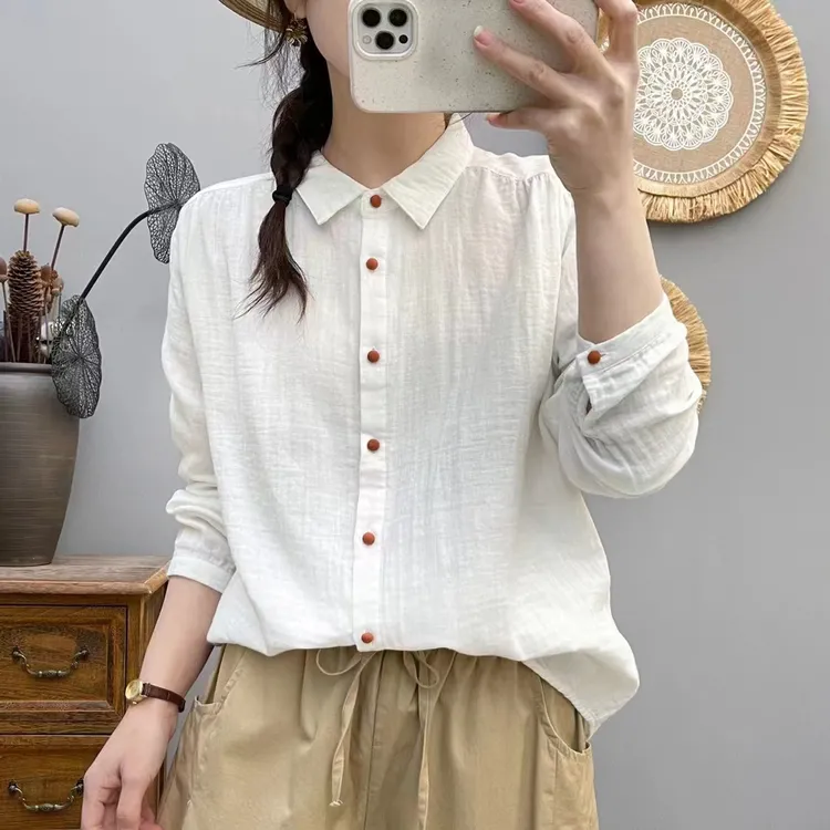文艺精致小红扣双层纱棉衬衫女气质长袖宽松百搭白色衬衣8506