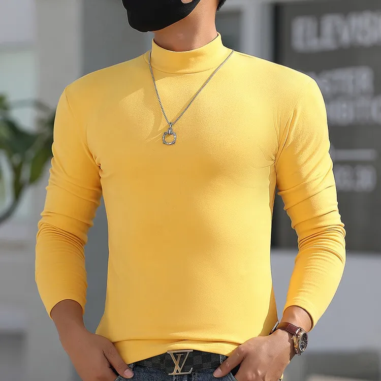 男士纯色中领时尚休闲加绒半高领百搭双面德绒冬季保暖潮流长袖衫