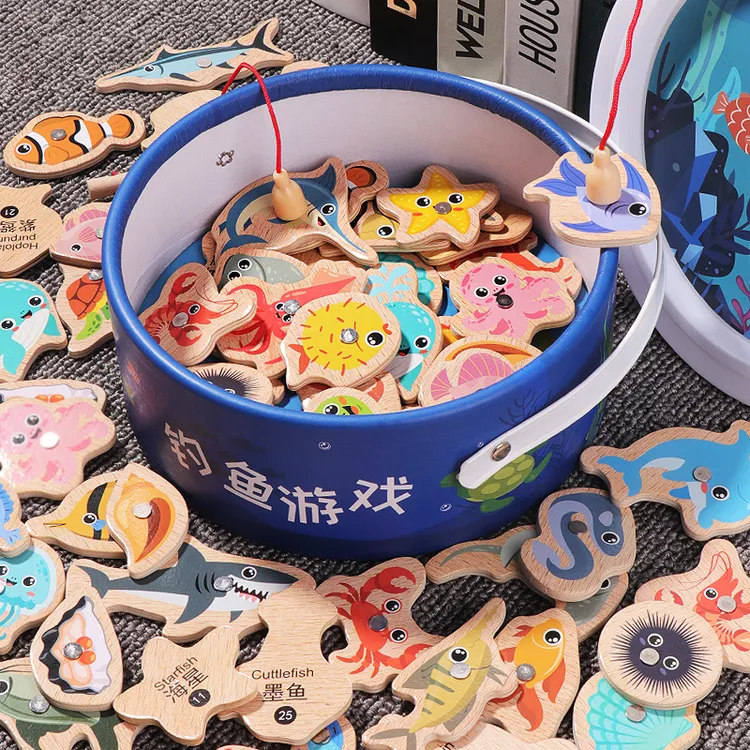 【不能水洗】木制桶装海洋钓鱼玩具早教益智认知趣味磁性亲子游戏