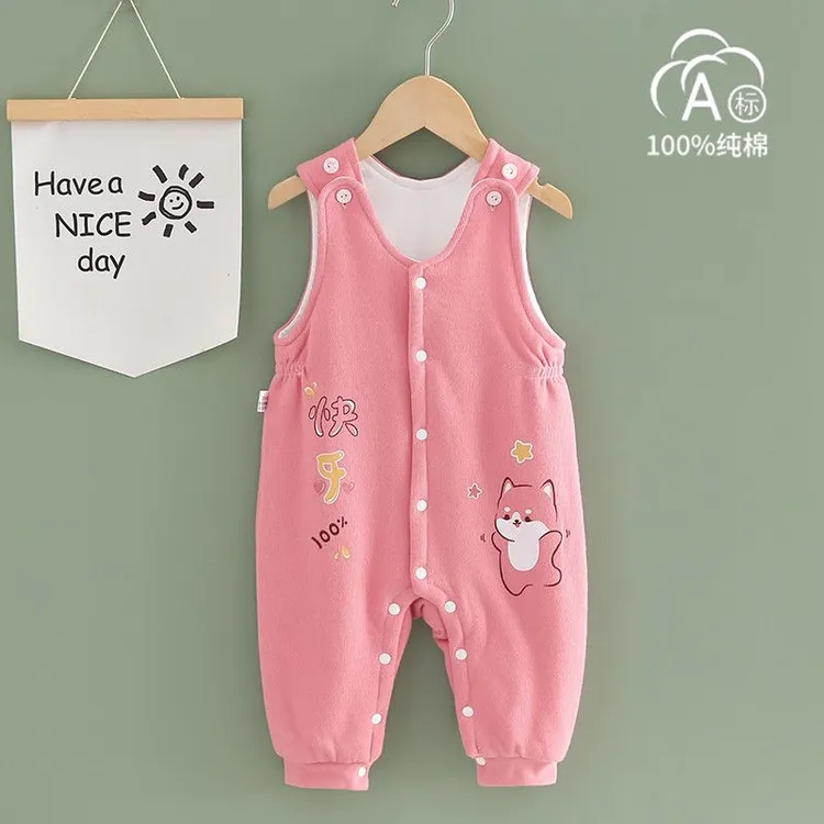 婴儿裤子春秋冬季外穿开档夹棉6一12月a类纯棉男女宝宝幼儿背带裤