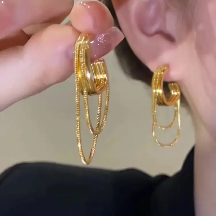 铜合金耳饰 高级感耳环耳饰新款双层链条流苏小众设计显脸小爆款