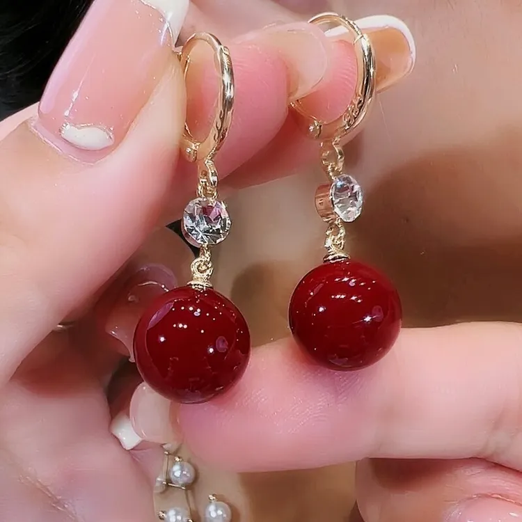 铜合金合成锆石耳饰 红色喜庆耳扣耳环气质红色时尚百搭精致网红