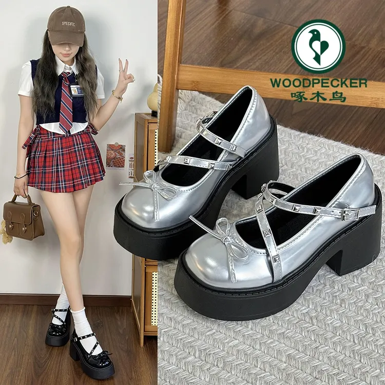 啄木鸟学院风玛丽珍鞋女2025春季新款厚底粗跟小个子增高圆头JK鞋