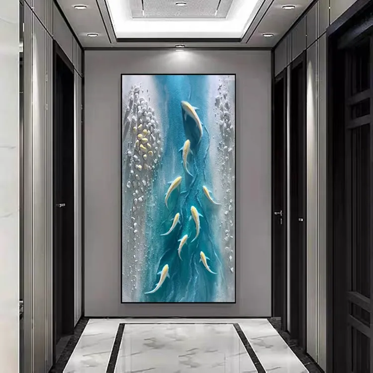 原创手工轻奢抽象立体石砂岩实物画九鱼图玄关挂画餐厅玄关装饰画