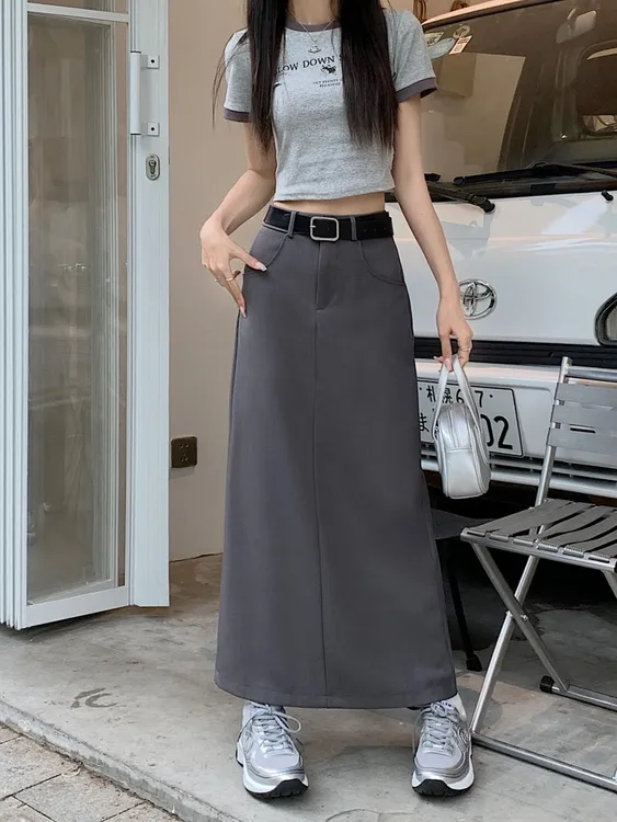 灰色开叉西装高腰显瘦中长款百搭春季一步裙设计感遮胯包臀中长裙