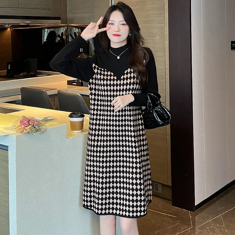 实拍千鸟格羊毛衫女长款过膝连衣裙秋冬新款高端羊绒打底裙70后