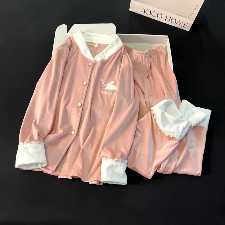 海岛绒睡衣女秋冬季长袖大码保暖珊瑚绒可外穿豆沙家居服兔子套装