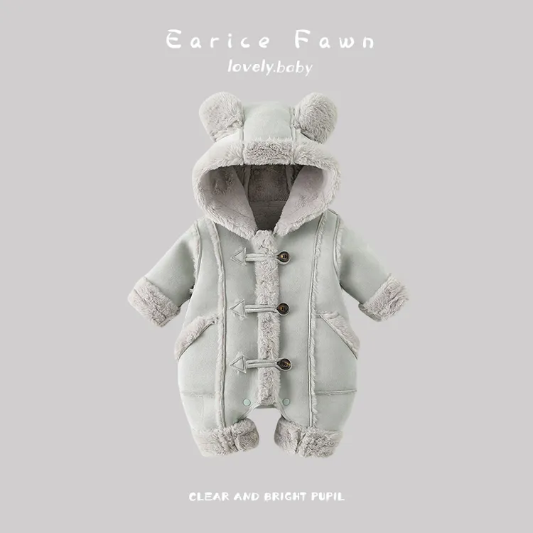 DZ婴儿衣服冬季宝宝加厚棉衣满月百天连体衣外出连帽保暖加绒爬服