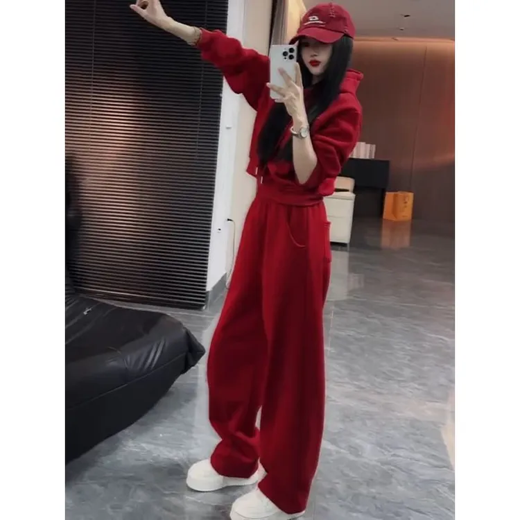 K2024秋冬韩版时尚套装女宽松遮肉连帽卫衣高腰加休闲裤子两件套