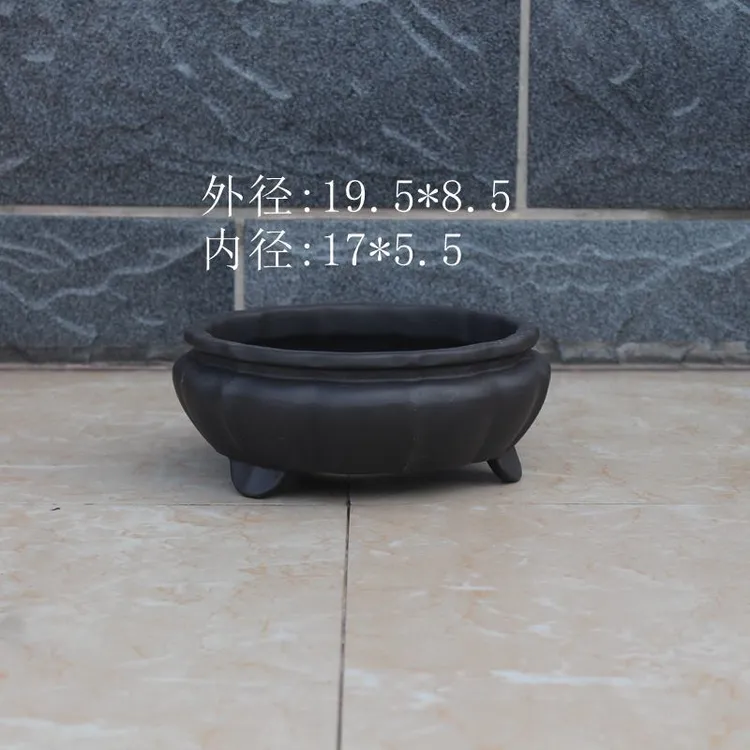 宜兴紫砂黑泥蒲包口筋纹莲花盆手工盆景盆