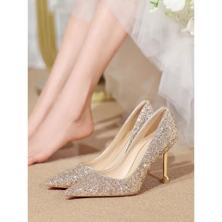 法式主婚鞋禾秀婚纱两穿新娘鞋新款香槟色水晶高跟公主结婚伴娘鞋
