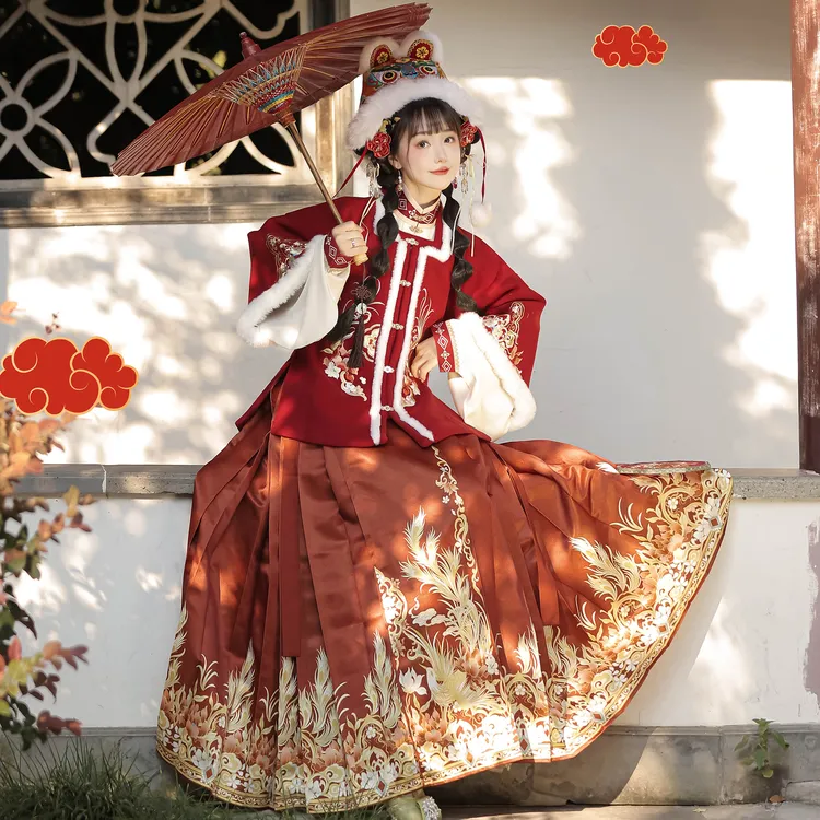 素羽华裳【岁岁年年】新年款方领明制汉服女马面裙红色秋冬套装加厚