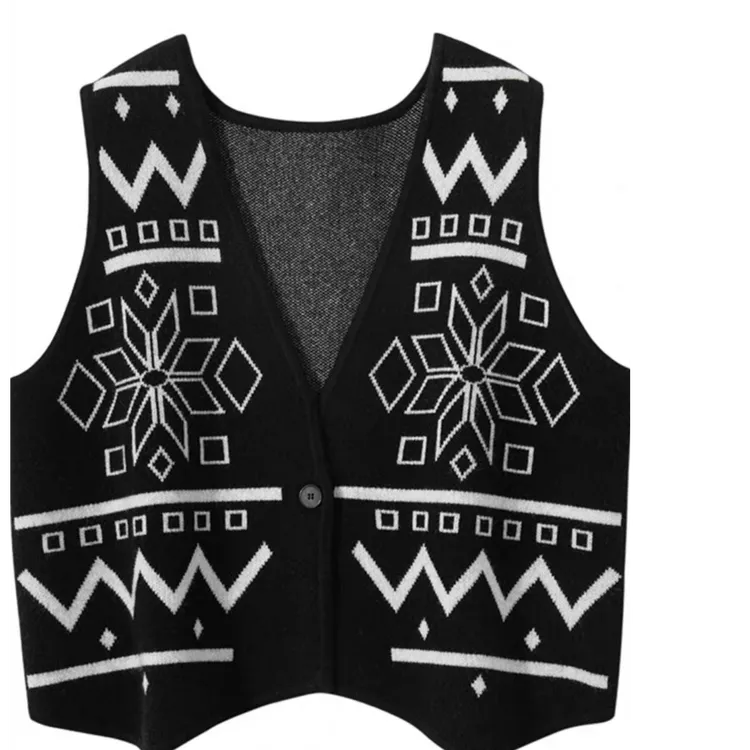 秋冬100％纯羊毛马甲女V领开衫坎肩提花背心黑色百搭叠穿针织马夹