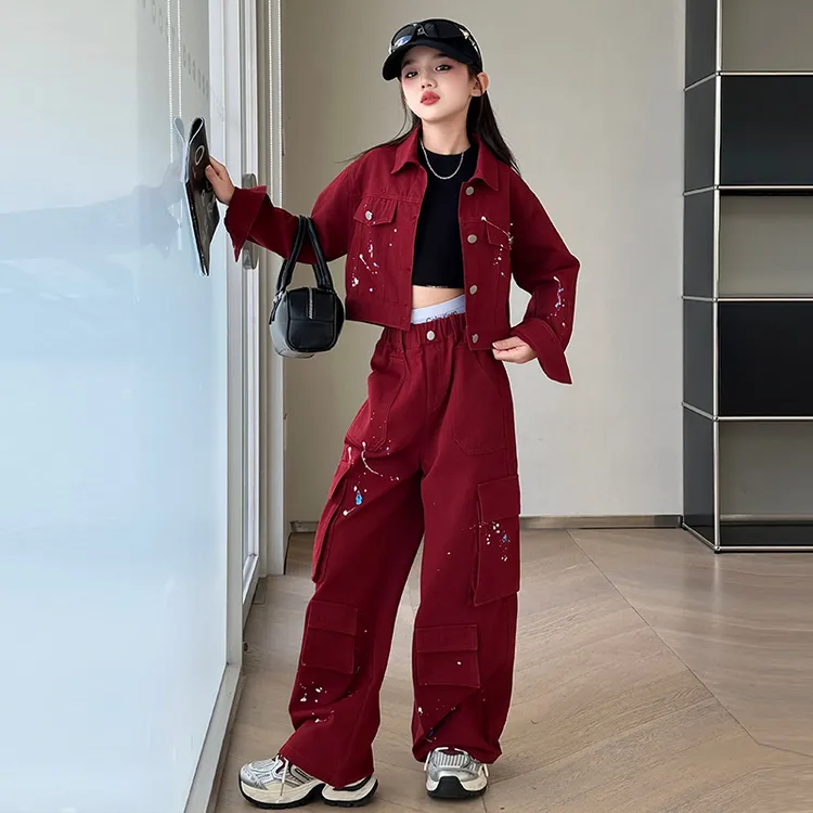 女童春秋装牛仔两件套2024新款儿童长袖外套中大童春秋工装裤套装