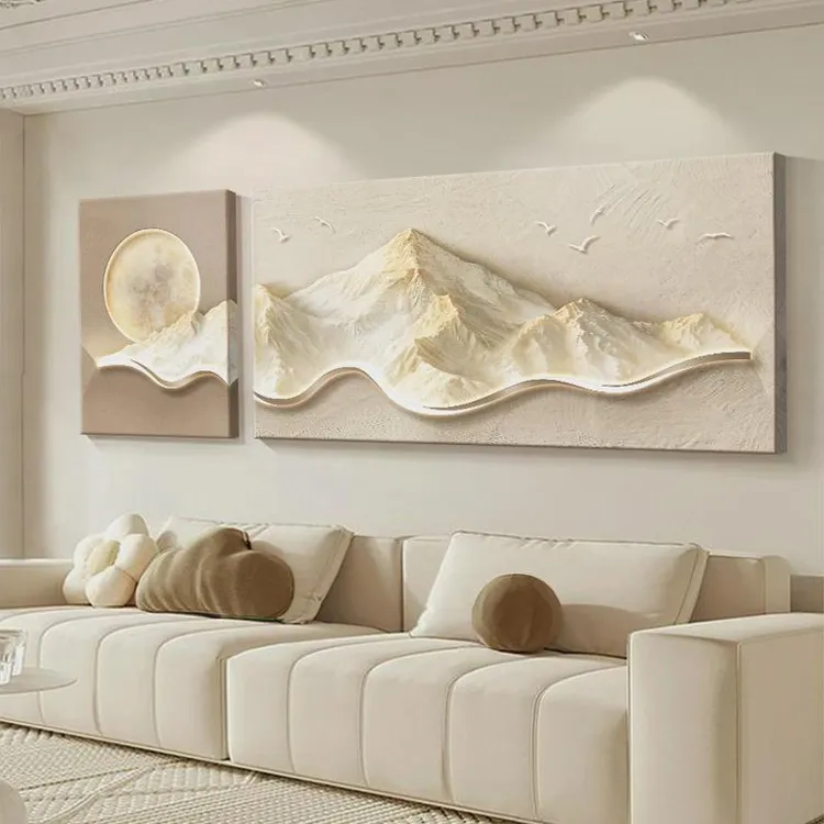 日照金山奶油风客厅装饰画浮雕立体高级感沙发背景墙挂画二联壁画