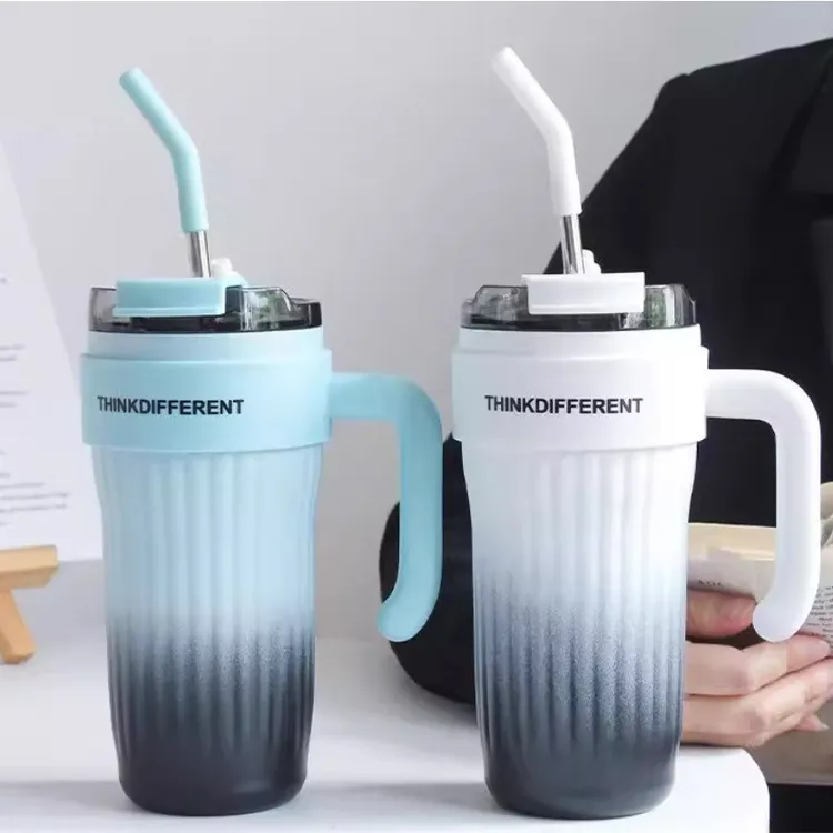 保304不锈钢冰霸杯杯子渐变吸管手柄简约带冷水高颜值办公室保温