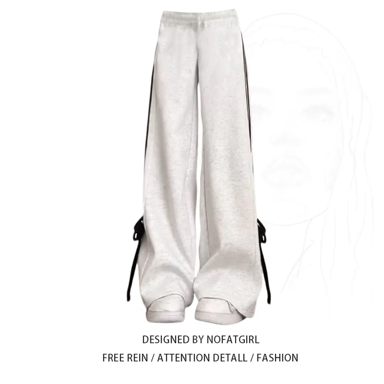 大码蝴蝶结阔腿加绒运动裤女春秋冬胖mm高腰梨形身材休闲卫长裤子