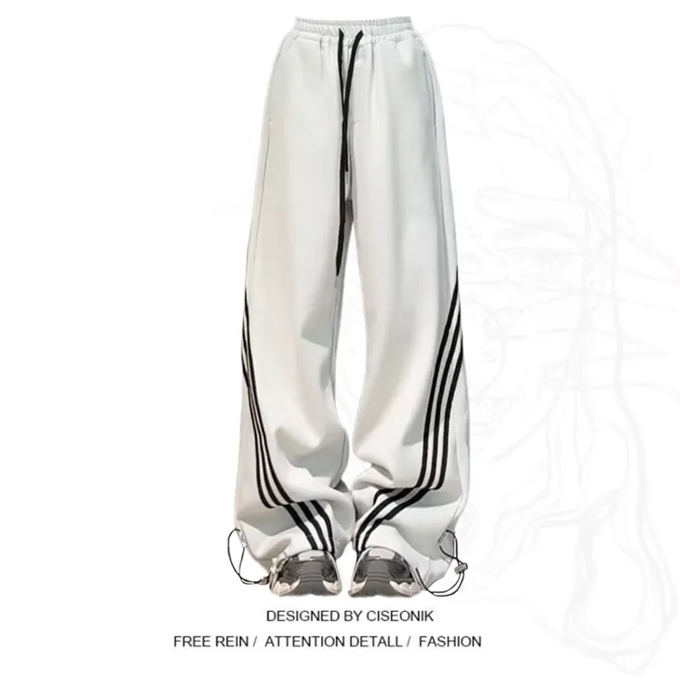 大码胖mm加绒高街美式三杠运动阔腿裤子女秋冬设计感直筒休闲卫裤