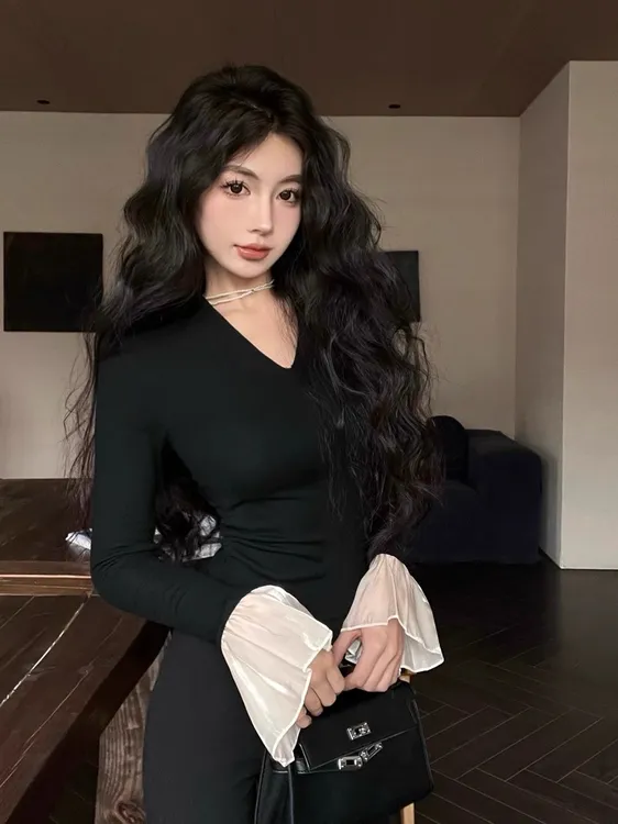 D002-D008黑色加绒t恤收腰显瘦喇叭袖瘦修身法式打底衫