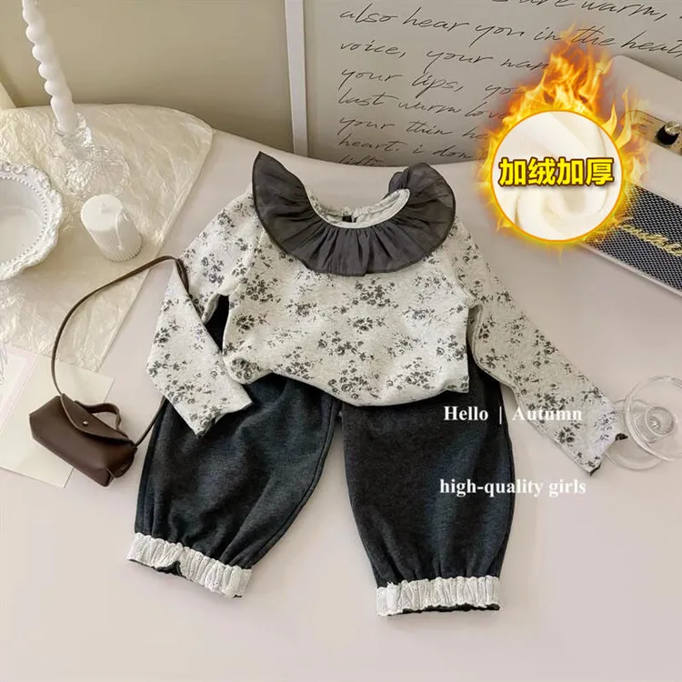 2025年韩国加绒童装女宝宝花边荷叶法式碎花上衣灰色加绒卫裤套装