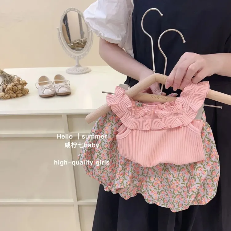 女童夏装潮款套装女宝洋气宝宝韩系碎花夏季儿童背心短裤两件套