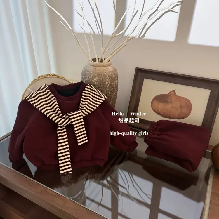 安可拉红男女童套装春秋女童宝宝洋气条纹披肩卫衣儿童两件套