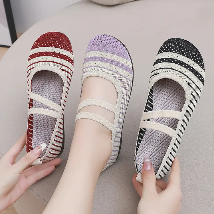 新款平底女鞋老北京布鞋透气条纹豆豆鞋中老年奶奶鞋一脚蹬妈妈鞋