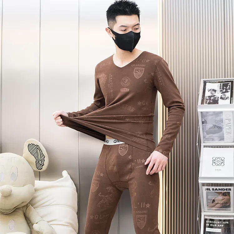 老虎压花】2025秋冬无痕男士保暖套装男款时尚v领打底修身青年潮流