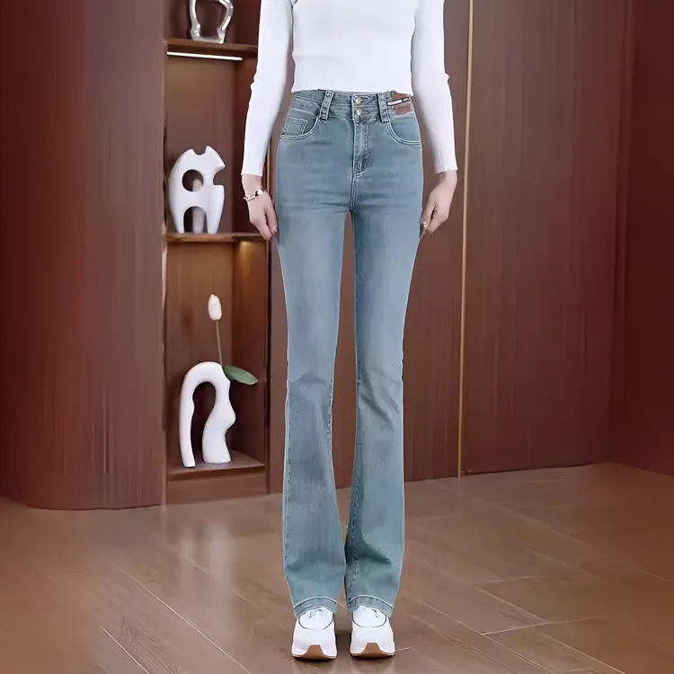 浅蓝色微喇牛仔裤女秋季新款大码胖妹妹mm高腰弹力修身显瘦喇叭裤