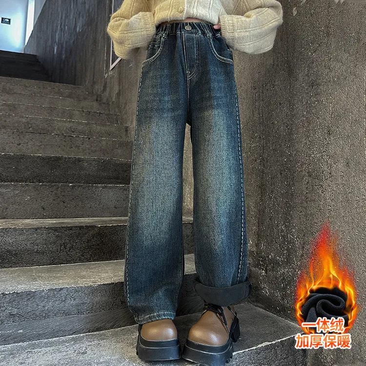 女童加绒牛仔窄版阔腿裤冬季2024新款小女孩加绒直筒一体绒长裤潮