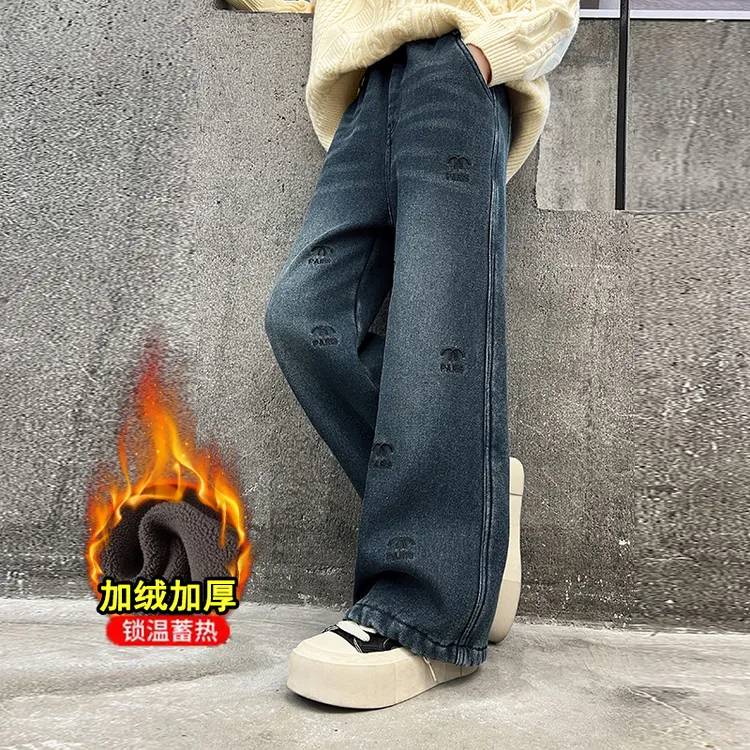 女童2024一体绒牛仔裤冬季中大童加绒加厚裤子儿童直筒阔腿裤冬款