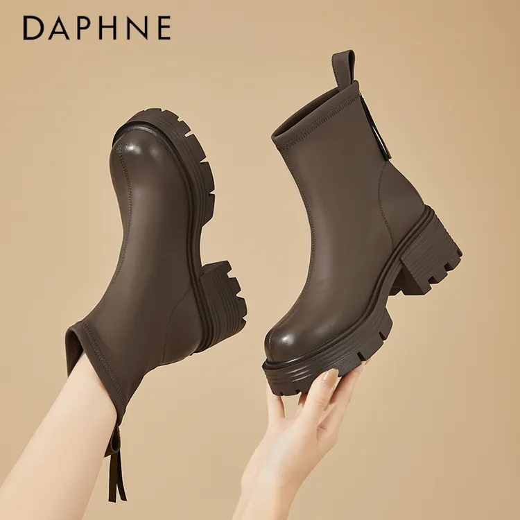 达芙妮超火马丁靴女2025新款秋冬加绒厚底瘦瘦靴小个子增高短靴子