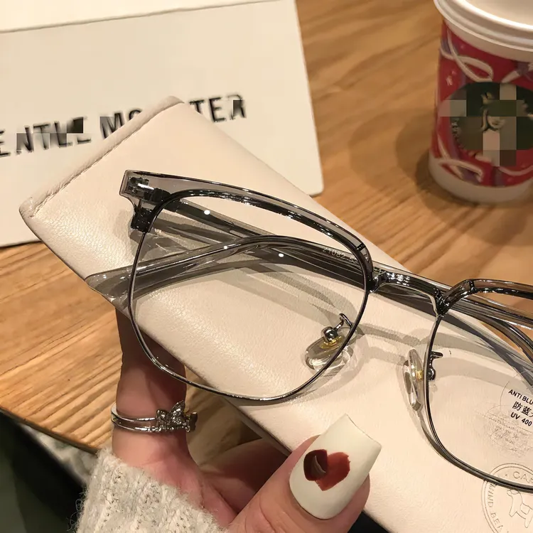 椰子灰复古半框近视眼镜男女防蓝光眉架可配度数潮显瘦平光镜韩版