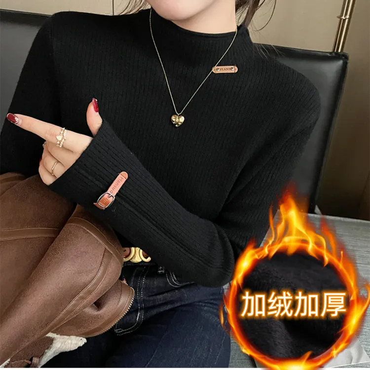 2318特大码300斤加绒加厚毛衣半高领打底春一体绒保暖上衣女