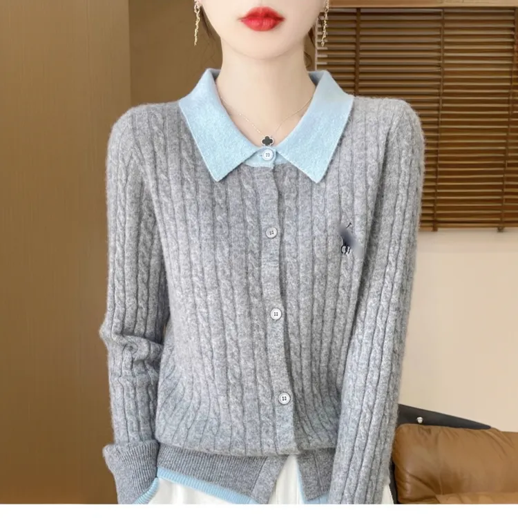 大码女装POLO领秋冬新款开衫假两件刺绣宽松拼色针织衫毛衣6615