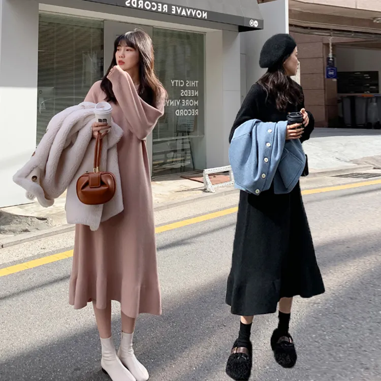 大码女装宽松过膝毛衣裙春内搭荷叶边鱼尾裙打底针织连衣裙9800